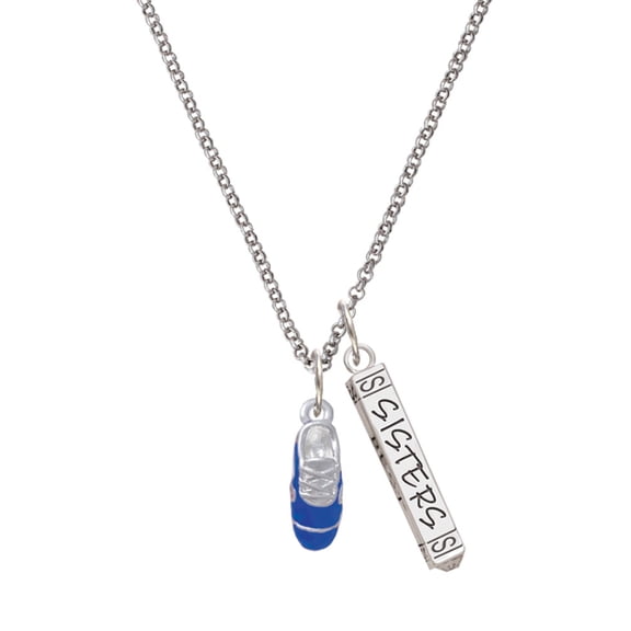Delight Jewelry Silvertone 3-D Blue Running Shoe Silvertone Sisters Best Friends Forever Bar Charm Necklace, 23"