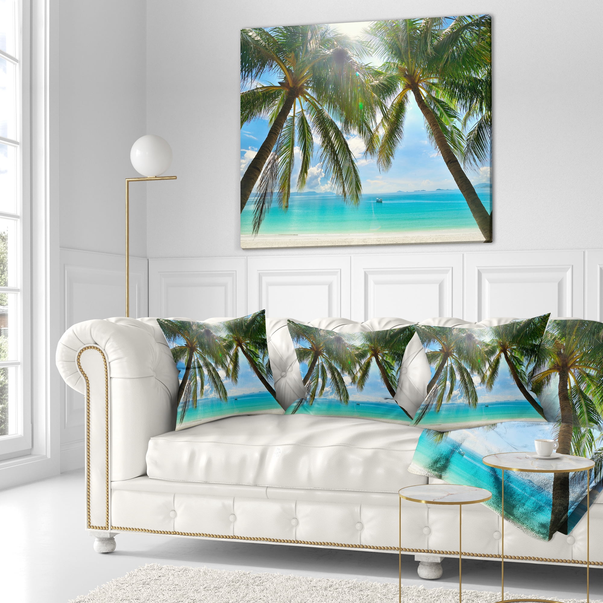 Designart Palm Hanging over Sandy White Beach - Seashore Photo Throw Pillow - 16x16