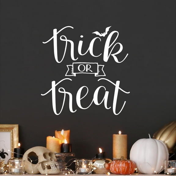Trick or Treat (cursive) square Vinyl Lettering Wall Decal Halloween Decals and Stickers Wall Decor Craft - Size: 16.5"H x 16.5"L - Color: White
