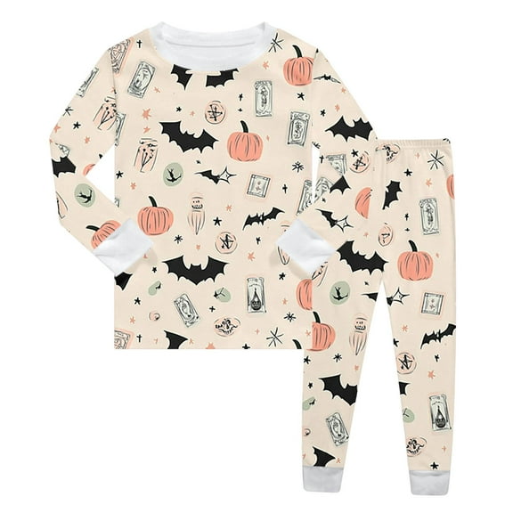 Huowey Halloween Bamboo Pajamas Toddler Girls Crew Neck Cute Print Pajama Sets Long Sleeve Lovely Sleepwear 2 Piece Pjs Multiple Cartoon Jammies Pajama,Beige,6-7 Years