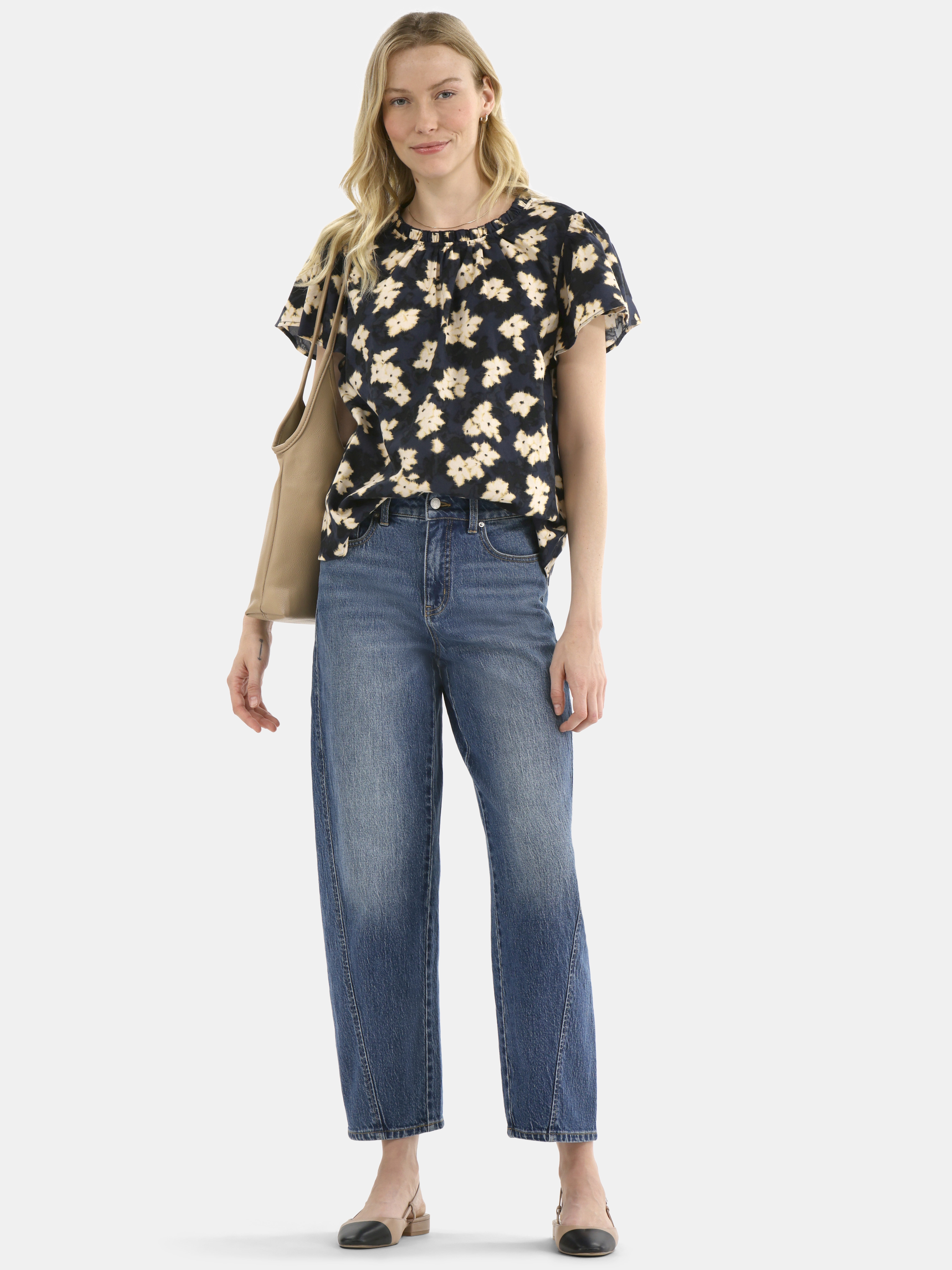 Time and Tru Women's Cotton Ruffle Neck Blouse with Flutter Sleeves, Sizes XS-XXXL