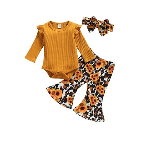 

Spring hue 3Pcs Baby Girls Autumn Outfits Long Sleeve Romper+Floral Flare Pants+Headband