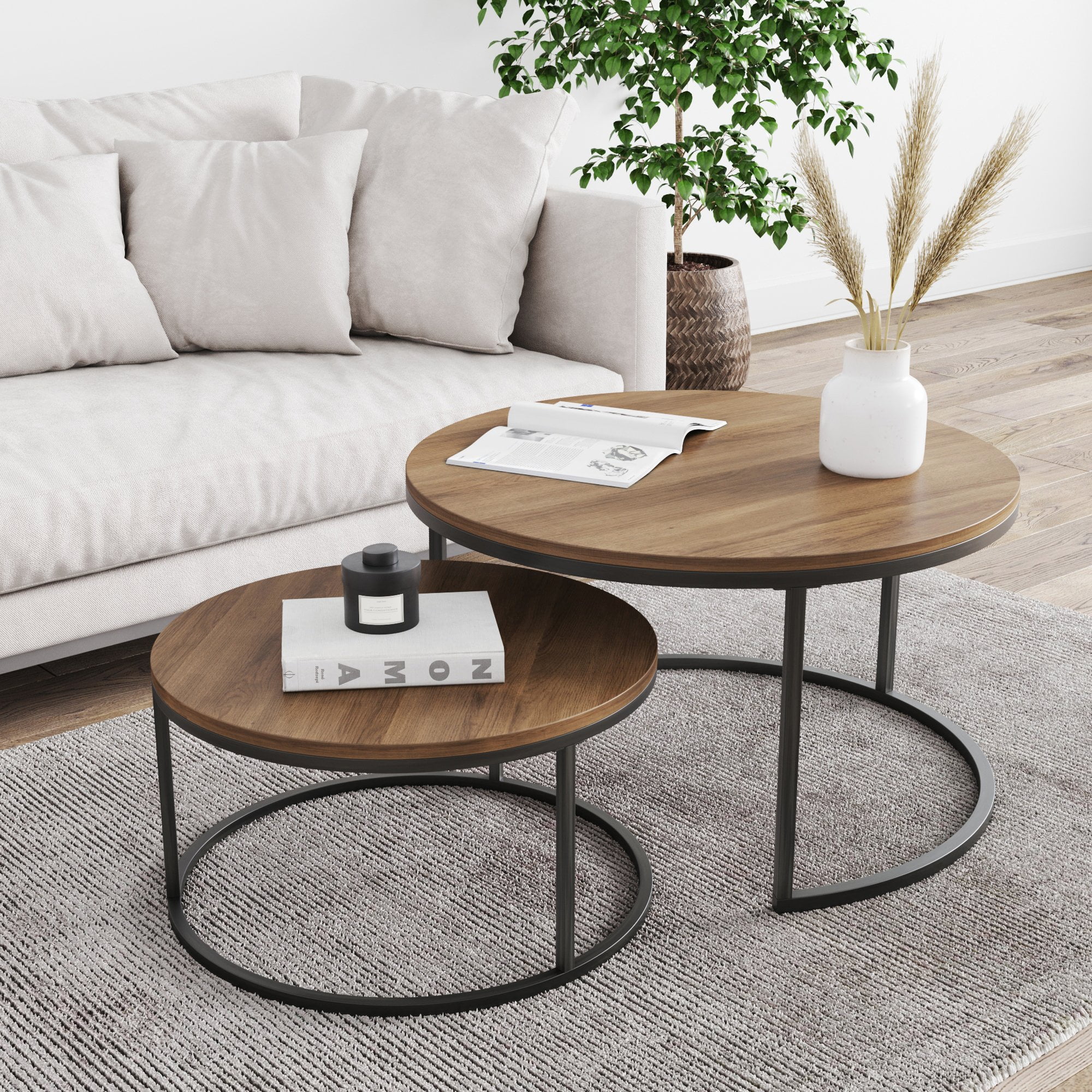 32 and 24 Modern Nesting Round Coffee Table Sets with Golden Color Frame Marble Wood Top for Living Room