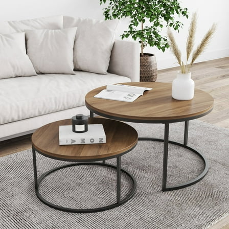 Nathan James Stella Round Modern Nesting Coffee Table Set of 2, Stacking Living Room Accent Cocktail Tables with an Industrial Wood Finish and Powder Coated Metal Frame, Reclaimed Oak/Black