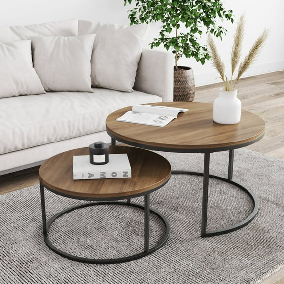 Nathan James Stella Round Modern Nesting Coffee Table Set of 2, Stacking Living Room Accent Cocktail Tables with an Industrial Wood Finish and Powder Coated Metal Frame, Reclaimed Oak/Black