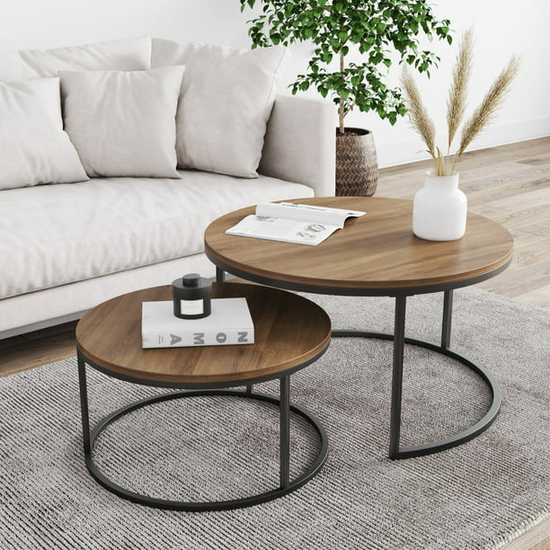 Nathan James Stella Round Modern, Round Wood And Metal Coffee Table With Wheels