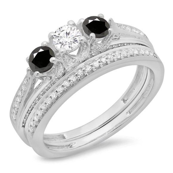 Dazzlingrock Collection 1.00 Carat (ctw) 14K Round Black & White Diamond 3 Stone Engagement Ring Set 1 CT, White Gold, Size 10