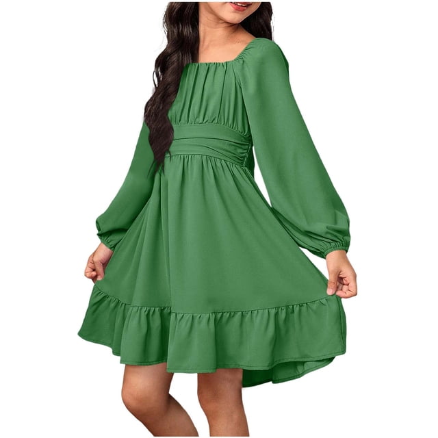 Vestido Largo de Manga Larga de Color Sólido de Moda Y Cómodo para las Niñas con Falda Plisada de Cinturón para Diario, Viajes, Vacaciones, Fiestas de Cumpleaños