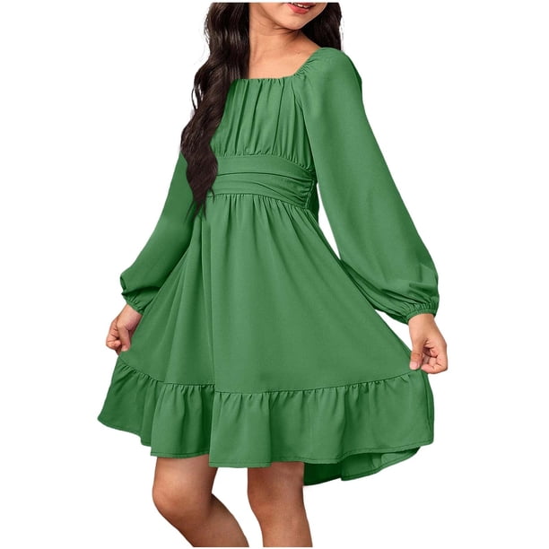Vestido Largo de Manga Larga de Color Sólido de Moda Y Cómodo para las Niñas con Falda Plisada de Cinturón para Diario, Viajes, Vacaciones, Fiestas de Cumpleaños