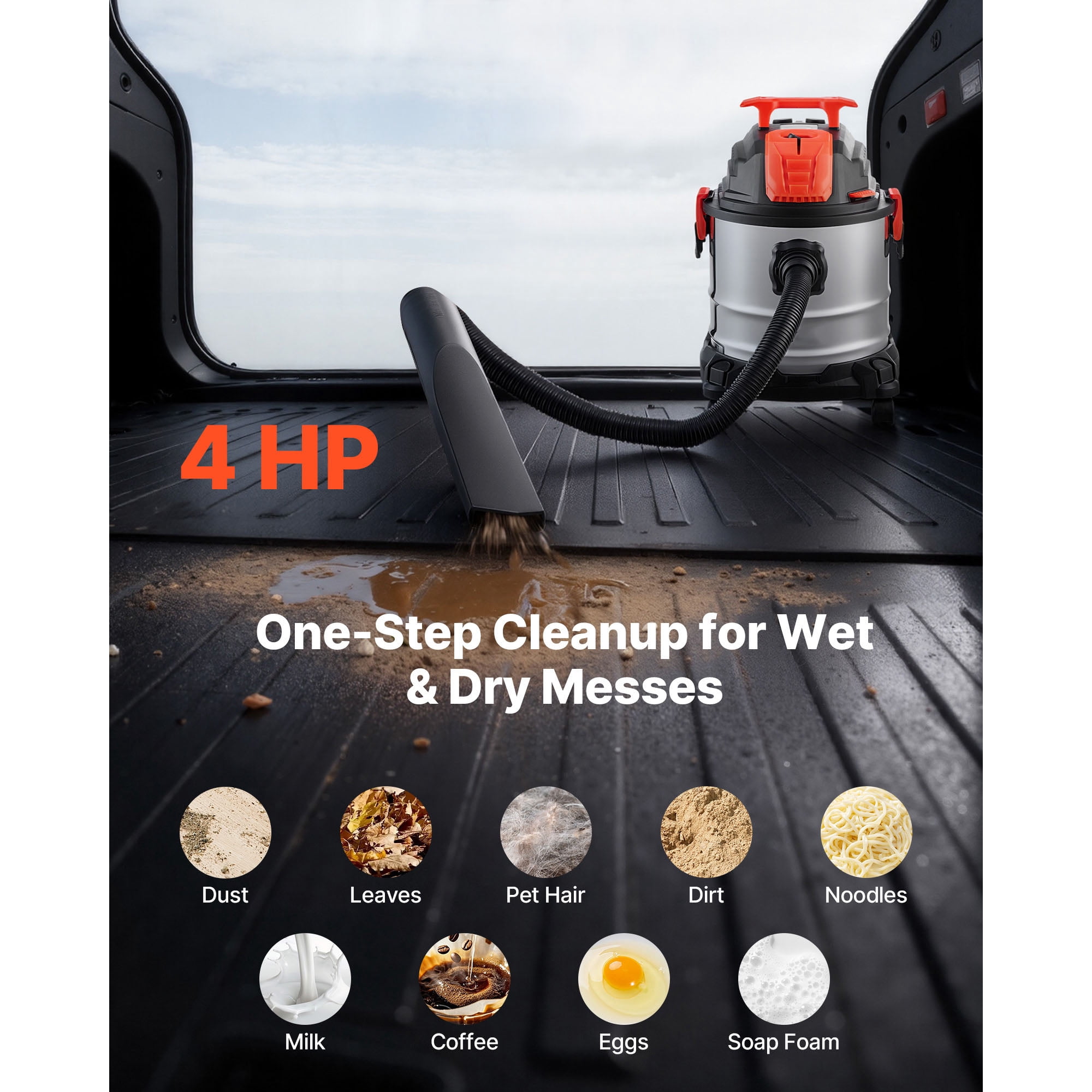 KFFKFF 5.8 Gallon Wet Dry Vacuum, 4 Peak HP Shop Vac with Self-Cleaning, Dual-Filter System, 900W Motor, 1.25in x 7ft Hose, 9.8ft Power Cord, Metal Tank for Jobsite, Workshop, Garage, Home