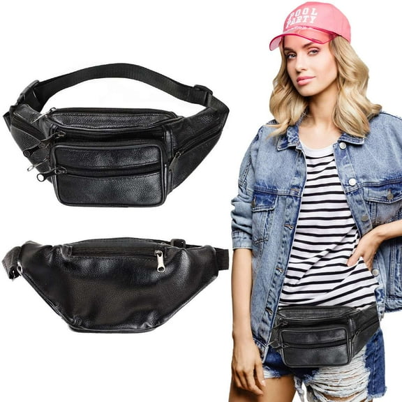 Deago Genuine Leather Fanny Pack for Men & Women Fashionable Multi-Pockets Waist Belt Bag for Hiking Running Cycling, Black