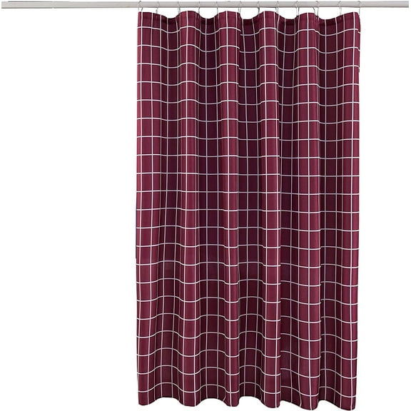 Textured Fabric Shower Curtain 72 Inches by 72 Inches, Burgundy Checkered Printed Bathroom Curtain, Machine Washable