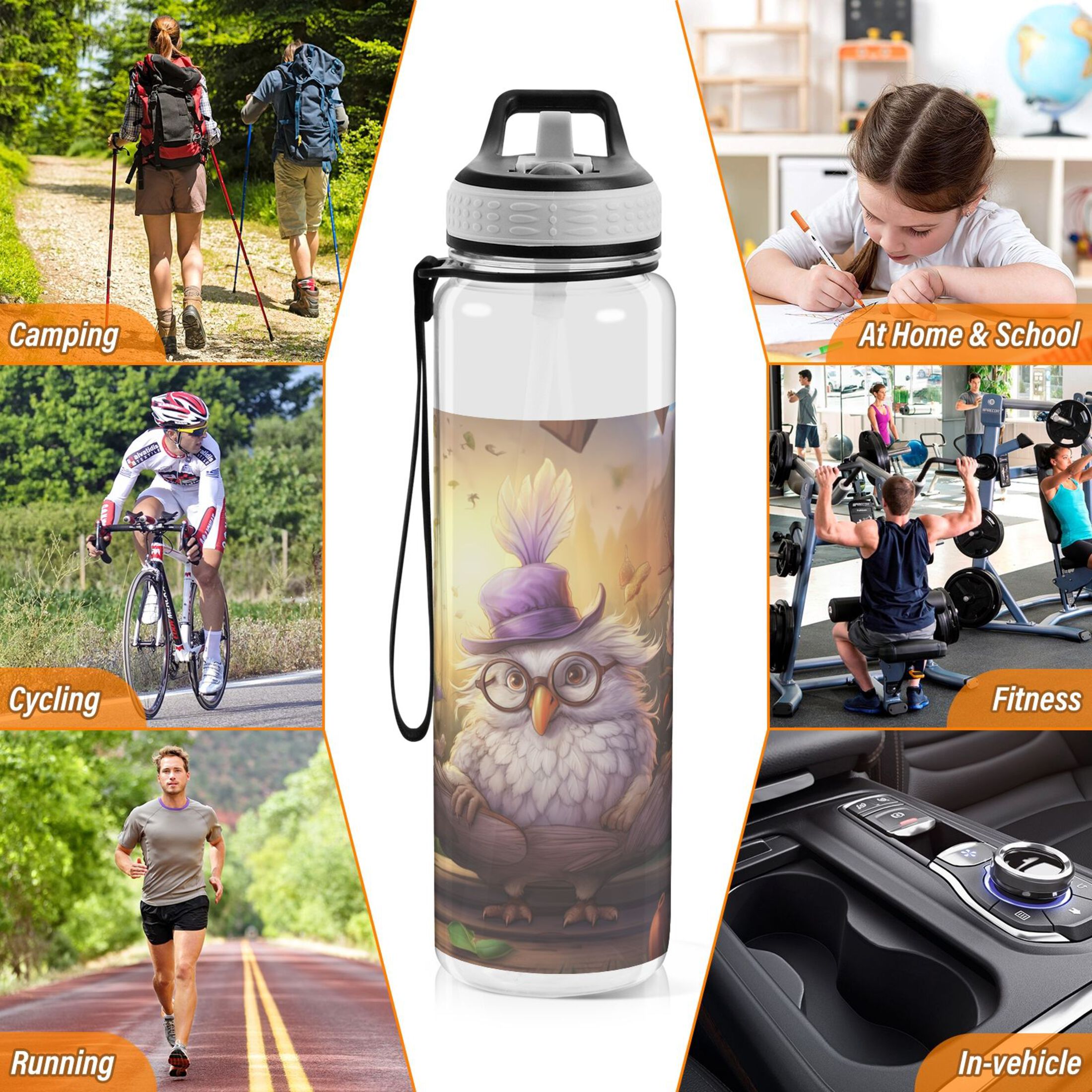 Bird Hat Glasses Dolls Sports Water Bottle Portable Travel Mug 32oz BPA Free Leak Proof Straw Transparent Tritan for Gym Yoga Cycling Camping