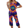 thumbnail image 3 of Women's Halloween Loungewear Set Short Sleeve V Neck Top and Capri Pants Tie Dye Pumpkin Pattern Relaxed Fit Sleepwear Pajama Set for Home Party Daily Wear Purple XL, 3 of 6