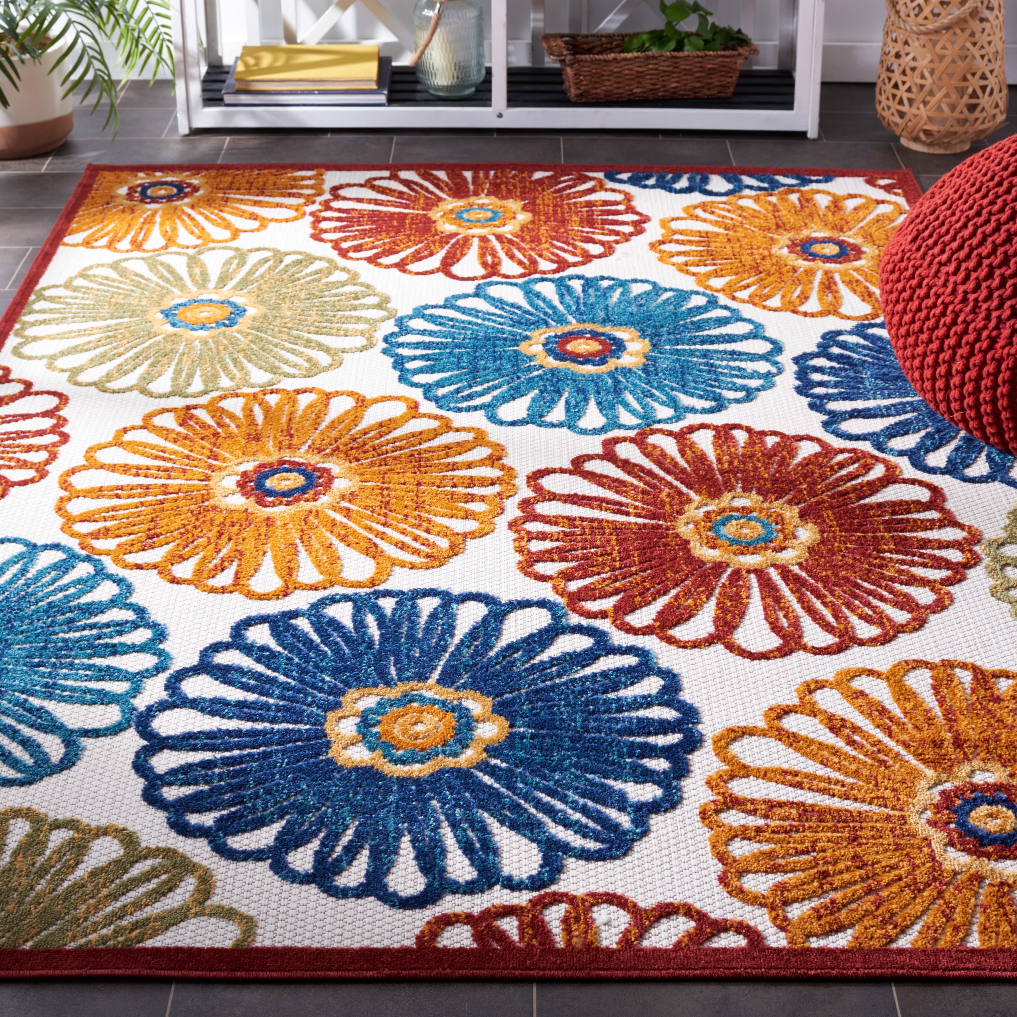 SAFAVIEH Cabana Aria Floral Indoor/Outdoor Area Rug, Creme/Red, 8' x 10'