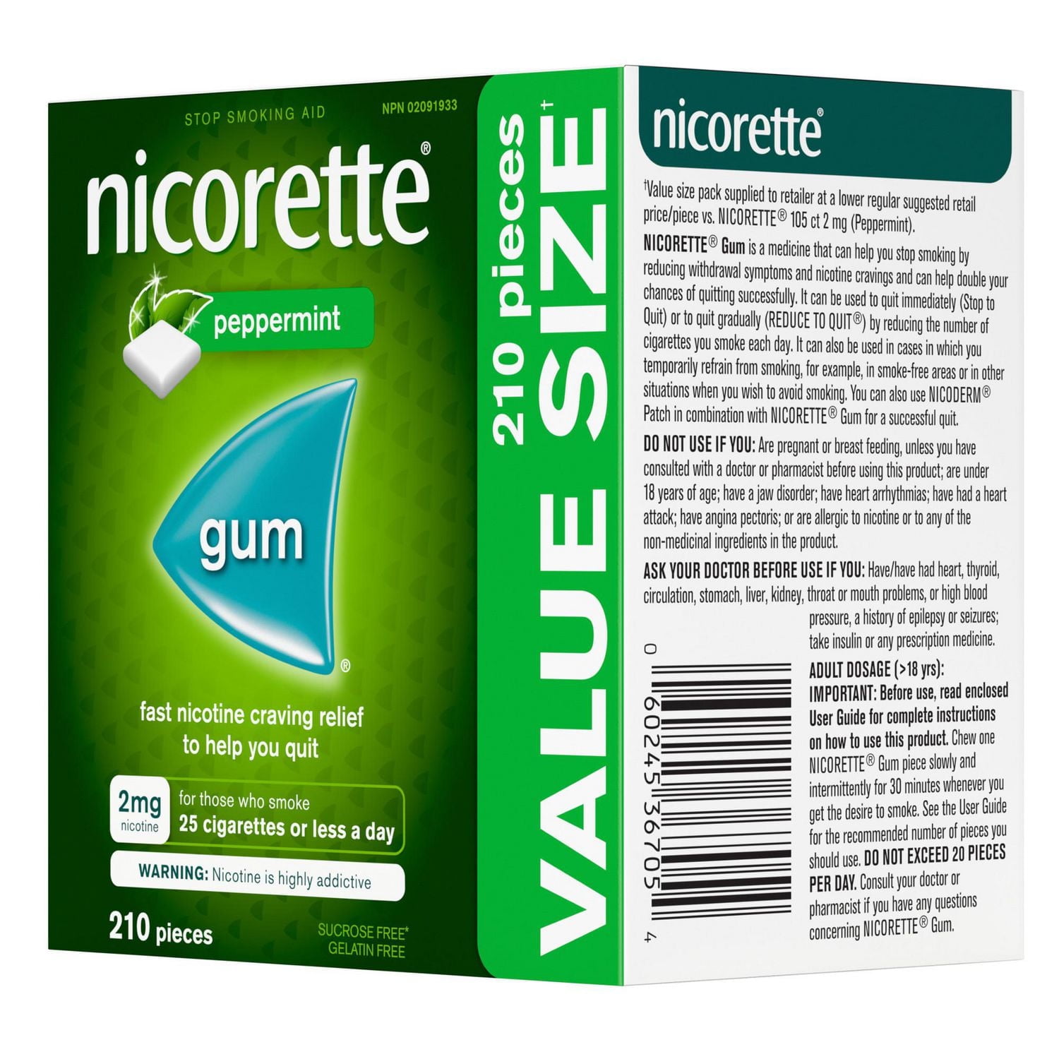 Nicorette Peppermint Gum, 2 mg, Quit Smoking, Nicotine Gum, Smoking Cessation Aid, NRT, Reduce Cravings, 210 pieces