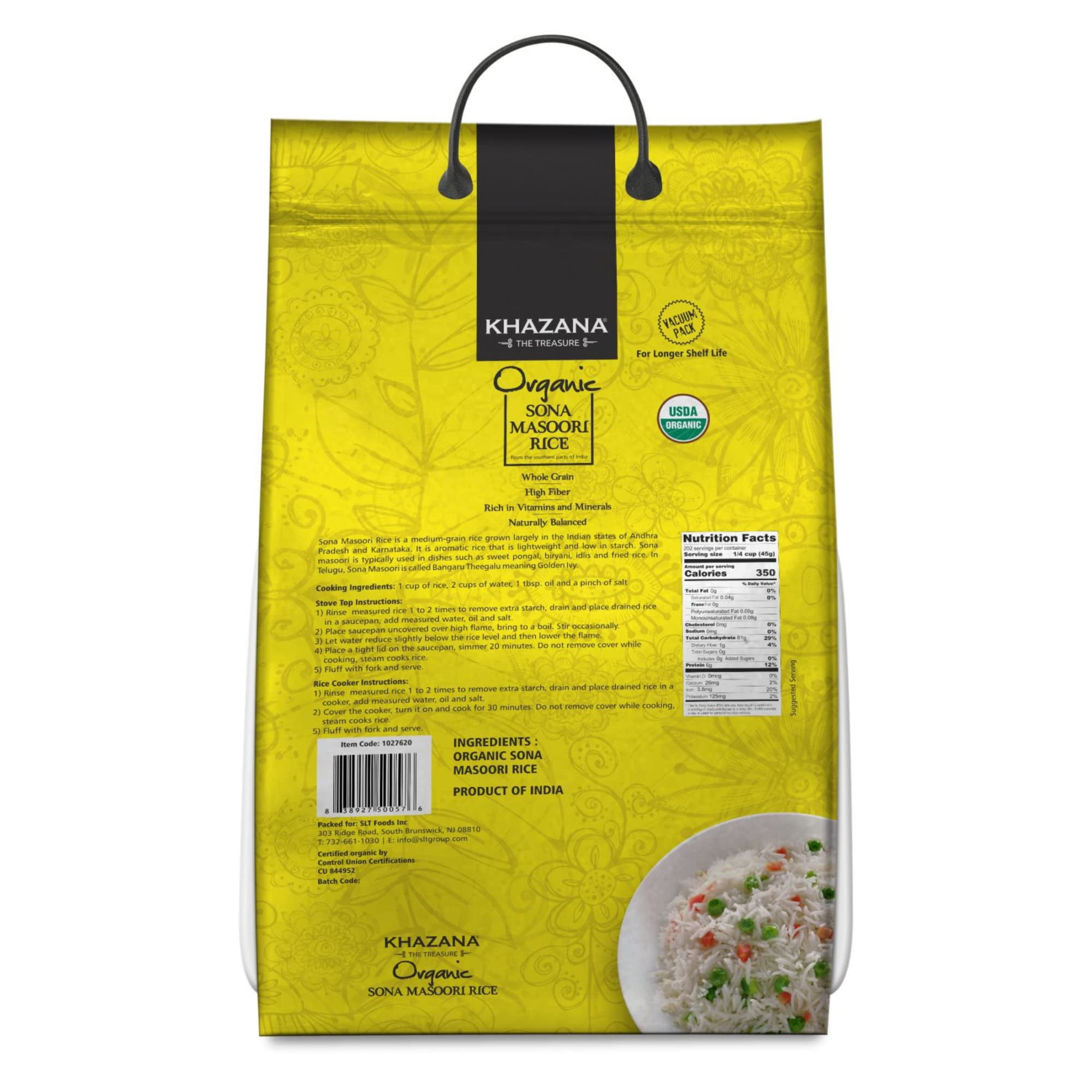 Khazana Organic Sona Masoori Rice, 20 Pounds