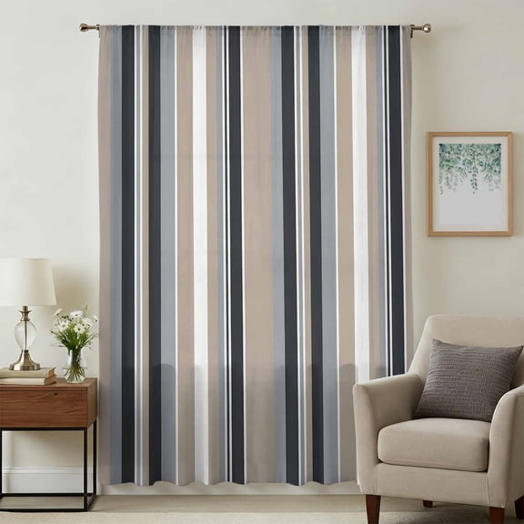 Black Grey Brown Striped Sheer Curtains 84 Inches Long, Modern Stripes Art Farmhouse Light Filering Curtains, Breathable Simi Curtain Privacy Drapes for Living Room Bedroom Window Treatment