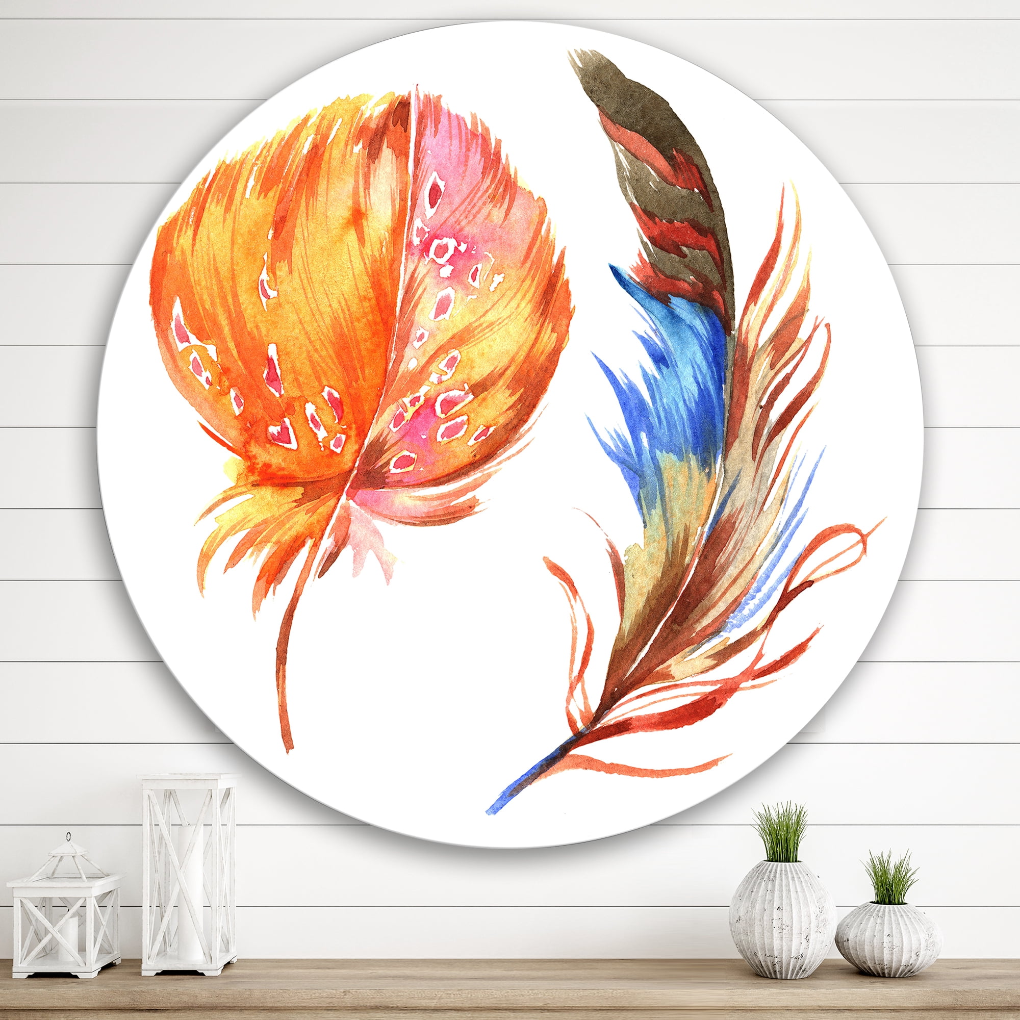 Designart 'Ethnic Brown and Colorful Feather ' Bohemian & Eclectic Circle Metal Wall Art 36x36 - Disc of 36