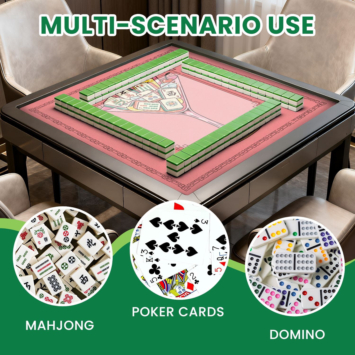 Mahjong Mat 31.5" x 31.5" Colorful Mahjong Tiles Cocktail Glass Fruit Garnish Straw Pink Style Non-Slip Noise Reduction American Mahjong Tiles Table Cover for Dominoes Poker Card Board Games Gift