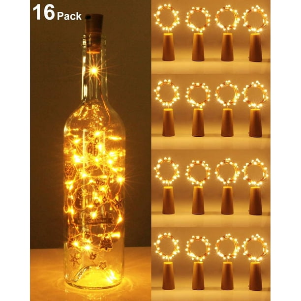 (Paquete de 16) Cadena de luces para botellas Kolpop con corcho de 2 m y 20 LED, con batería para decoración de exteriores e interiores, para fiestas, bodas y Navidad, color blanco cálido [Clase