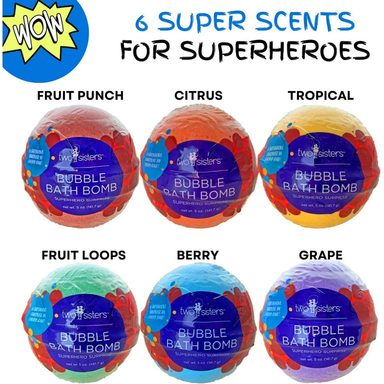 Bombas de baño de superhéroes para niños con juguete sorpresa en el  interior, paquete de 6 bombas de burbujas, aromas afrutados, aromas  relajantes