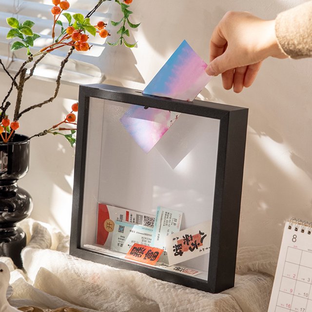 Trayknick Ticket Shadow Box Adventure Archive Box,8" X 8" Square Wooden Frame with Slot Travel Adventure Archive Box Square Ticket Stamp Letter Photo Keepsake Storage Box Desktop Decoration