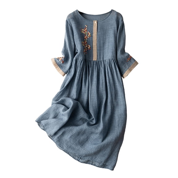 LEAVINGSUO Maxi Dresses for Women Omen's Summer and Retro Cotton and Linen Round Neck Waist Retraction Travel Holiday Dress Dark Blue XXL