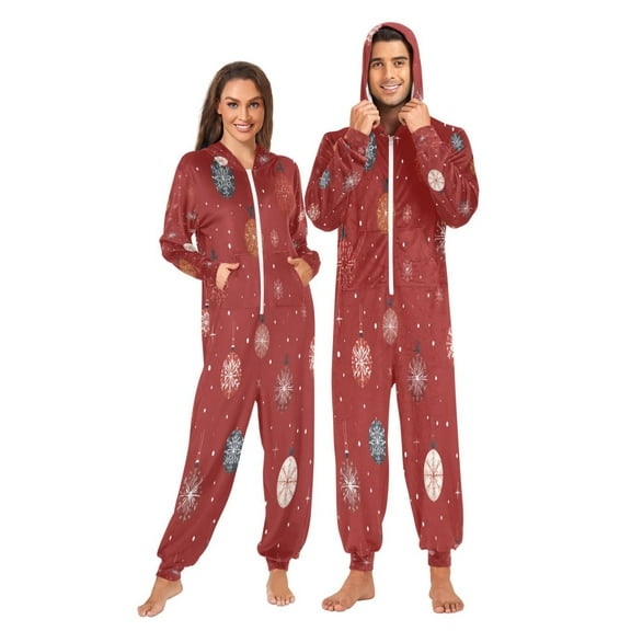 1-Pack Onesie Jumpsuits For Men&Women Winter One Piece Zipper Pajamas Playsuit Simple Christmas Pattern