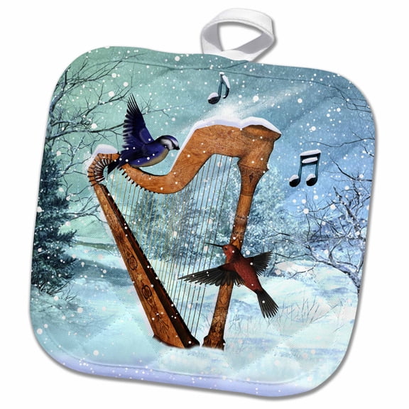 3dRose, Bluebird And Hummingbird With A Harp In The Snow And Musical Notes, 8x8 Potholder