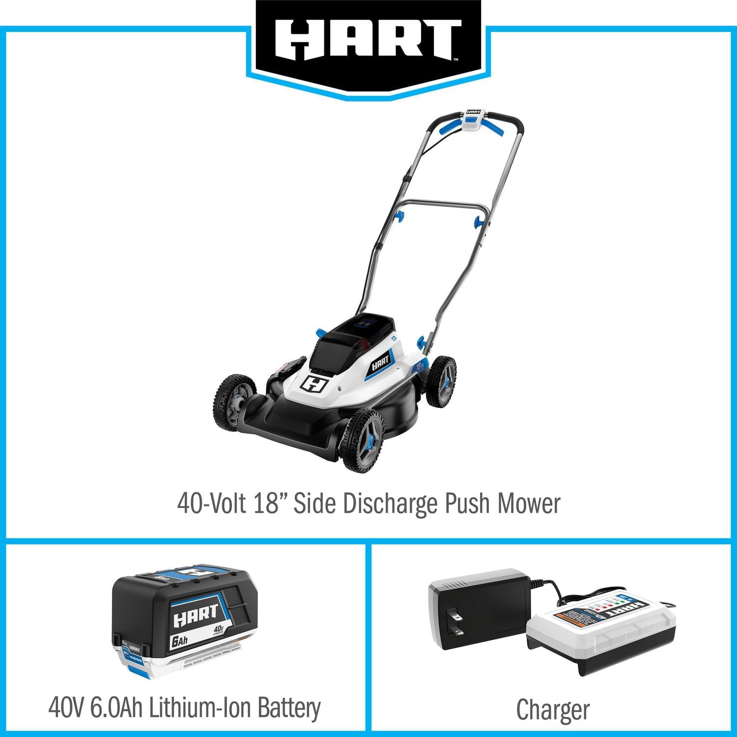 HART 40-Volt Cordless 18-inch Push Mower Kit, (1) 6Ah Lithium-Ion Battery, (1) Battery Charger