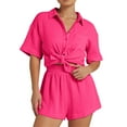 thumbnail image 2 of Short Sets for Women Short Sleeve Button Down Collared T Shirt and Shorts 2 Piece Matching Set Womens Lounge Set, 2 of 9