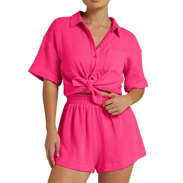 Women's Shorts Suit Set Long Sleeve Button Down Shirt And Pajama Outfit Fall Two Piece Tracksuit