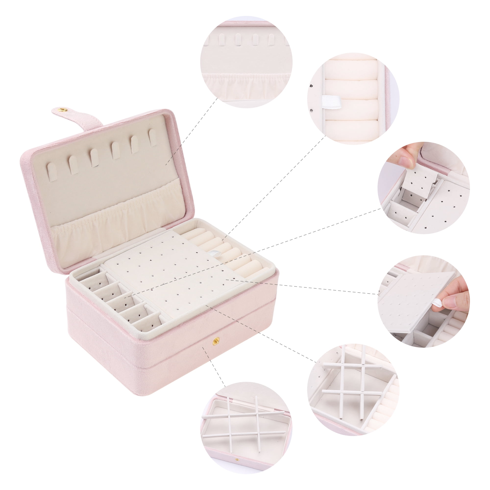 Unique Bargains 2 Layer Jewelry Box Plush Velvet Jewelry Organizer Case Storage Travel Pink