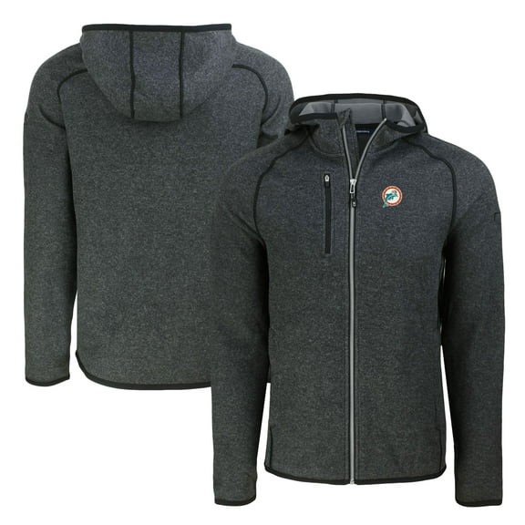 Men's Cutter & Buck Heather Charcoal Miami Dolphins Throwback Mainsail Sweater-Knit Full-Zip Hoodie