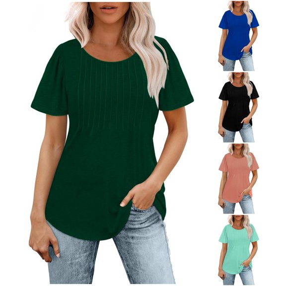 Women’s Short Sleeve Pleated T Shirts Dressy Casual Neck Summer Tops Blouses