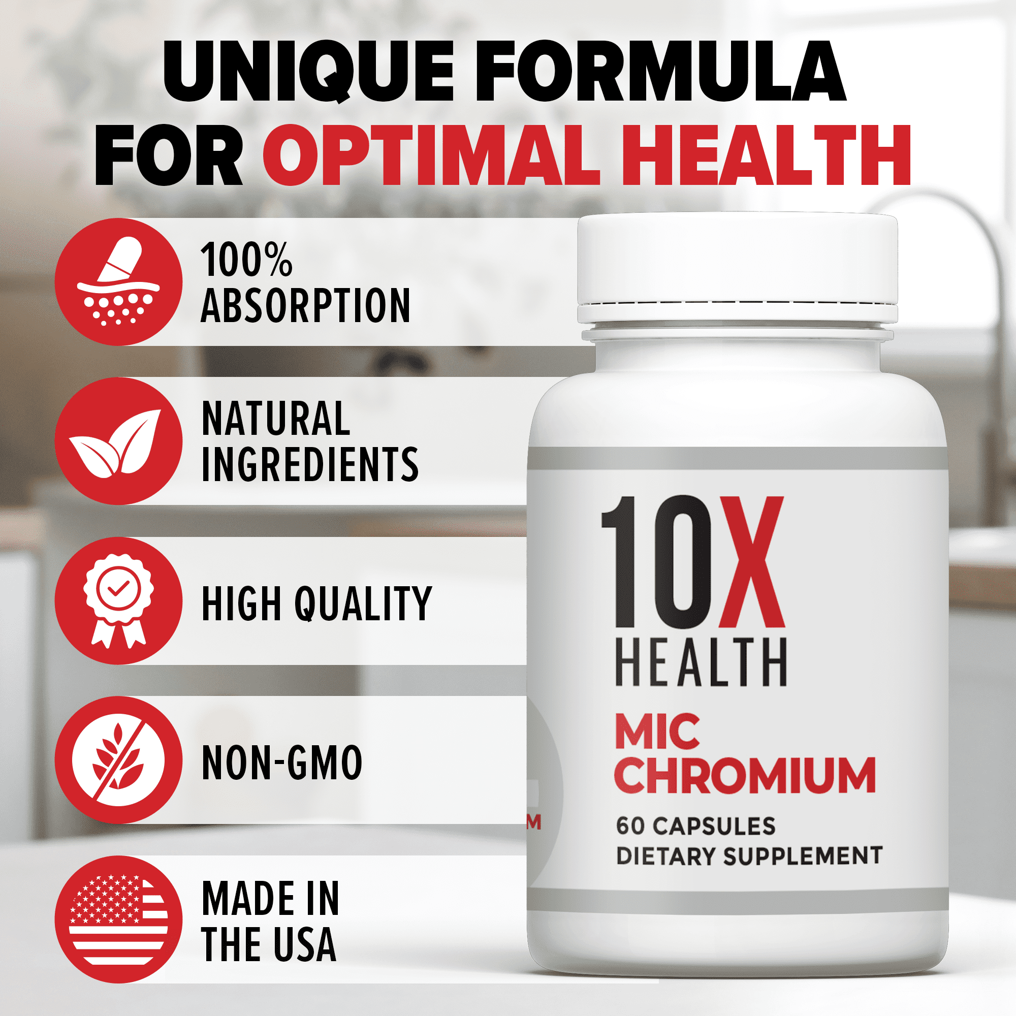10X Health MIC Chromium Supplement - Metabolism Support w/ L-Methionine Inositol Choline, 60 Capsules