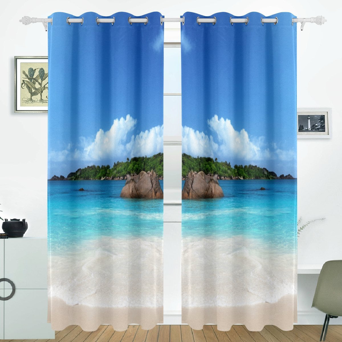 Sunny Beach Blue Ocean 3D Photo Printing Window Curtains Blockout Drapes Fabric 