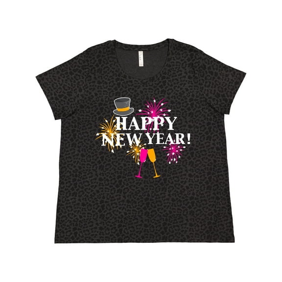 Inktastic Happy New Year with Hat Fireworks and Wine Glasses Women's Plus Size T-Shirt