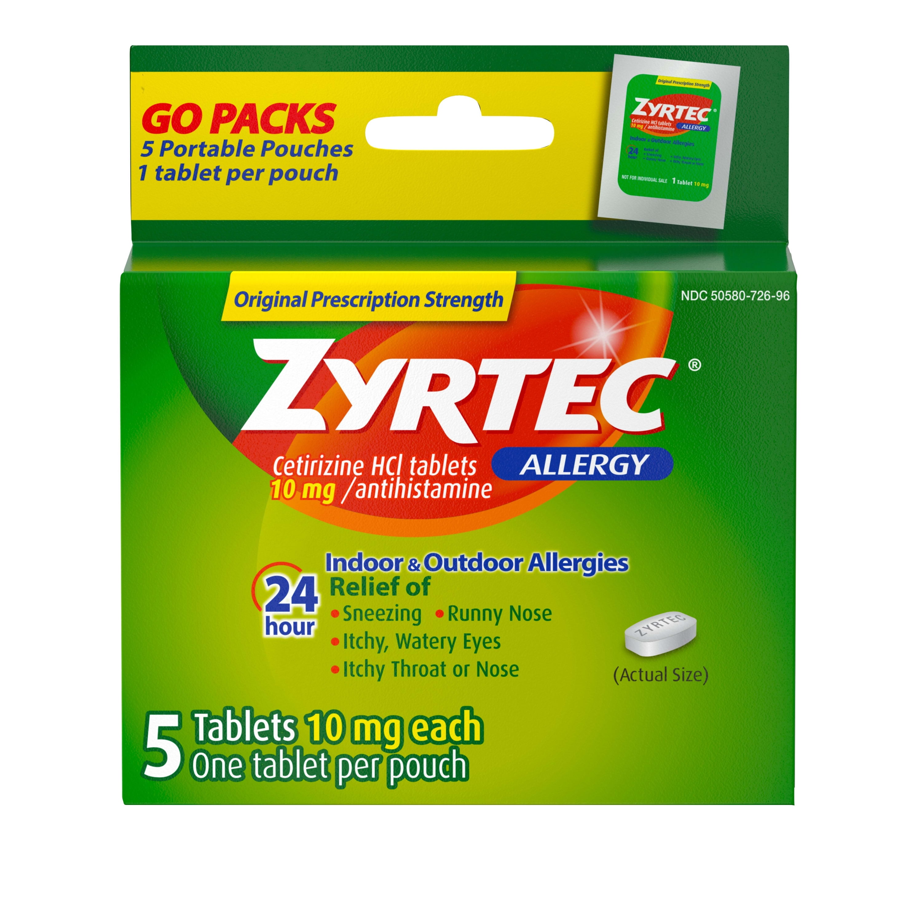Zyrtec 24 Hour Allergy Relief Tablets, Cetirizine HCl, 5 ct, (5 x 1 ct)