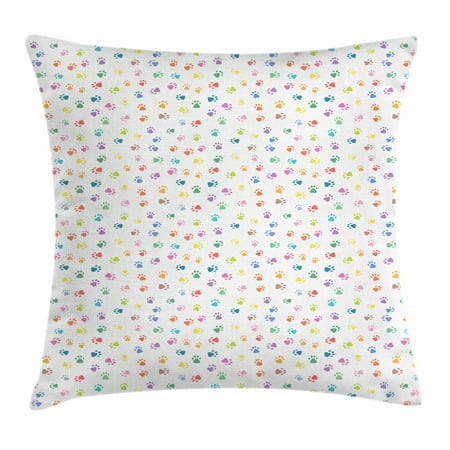 Multi Colored Paw Prints - Cat Throw Pillow Cushion Cover, Footprints of Cats and Dogs Lively Colored Paws Friendly Animals Playful Characters, Decorative Square Accent Pillow Case, 18 X 18 Inches, Multicolor, by Ambesonne
