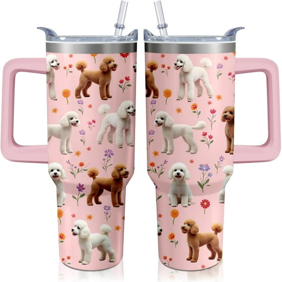 40oz Poodle Tumbler with Handle and Straw, Cute Dog Stainless Steel Insulated Cup with Lid and Straw, Travel Coffee Mug Water Bottle, Birthday Mothers Day Gifts for Women Men Animal Lovers