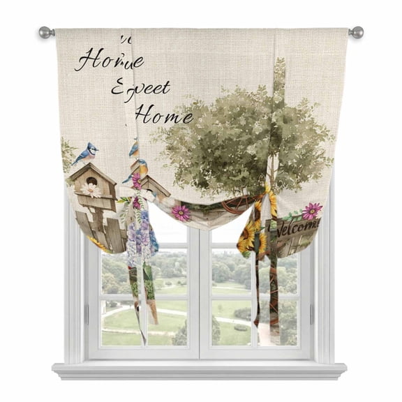 Spring Flowers Balloon Curtains for Living Room/French Door, Farmhouse Hydrangea Sunflowers Bunny on Linen Tie Up Curtains 63 Inch Length Energy Saving Kitchen Curtains Shades for Windows 42"x63"
