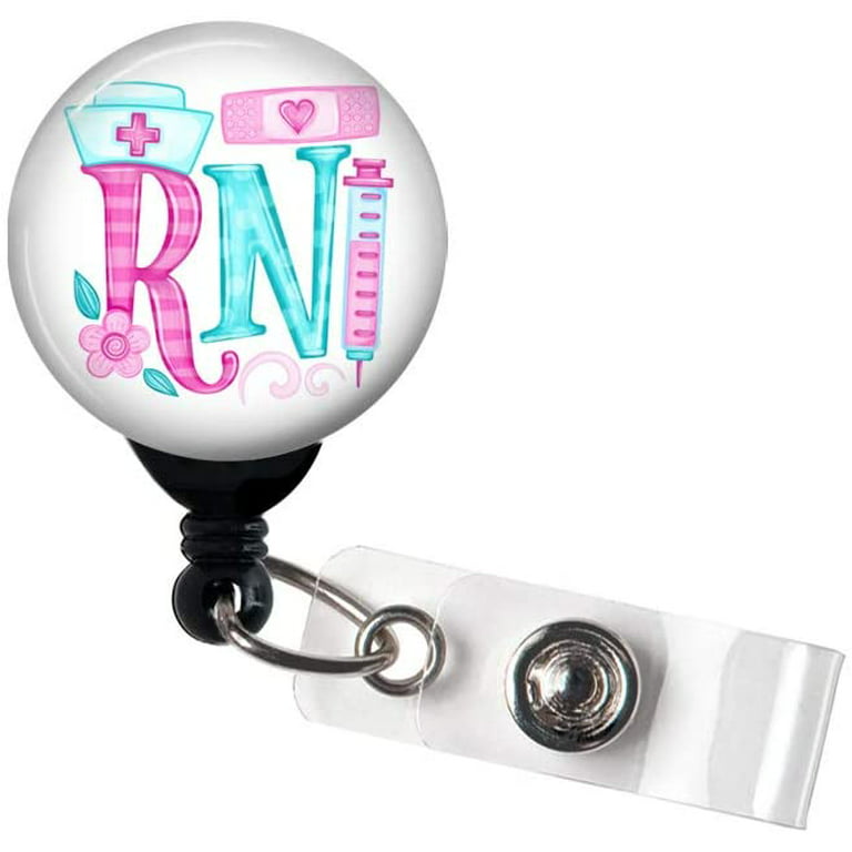 RN Teal Pink Cute - Retractable Badge Reel With Swivel Clip and Extra-Long  34 inch cord - Badge Holder 
