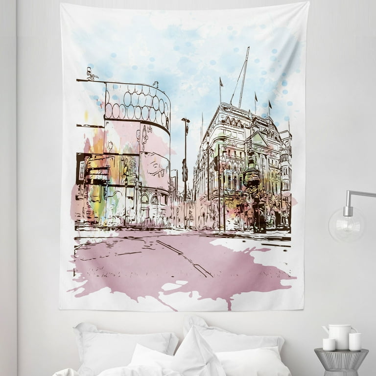Watercolor Tapestry, Pastel Splash Paint Style Sketchy London