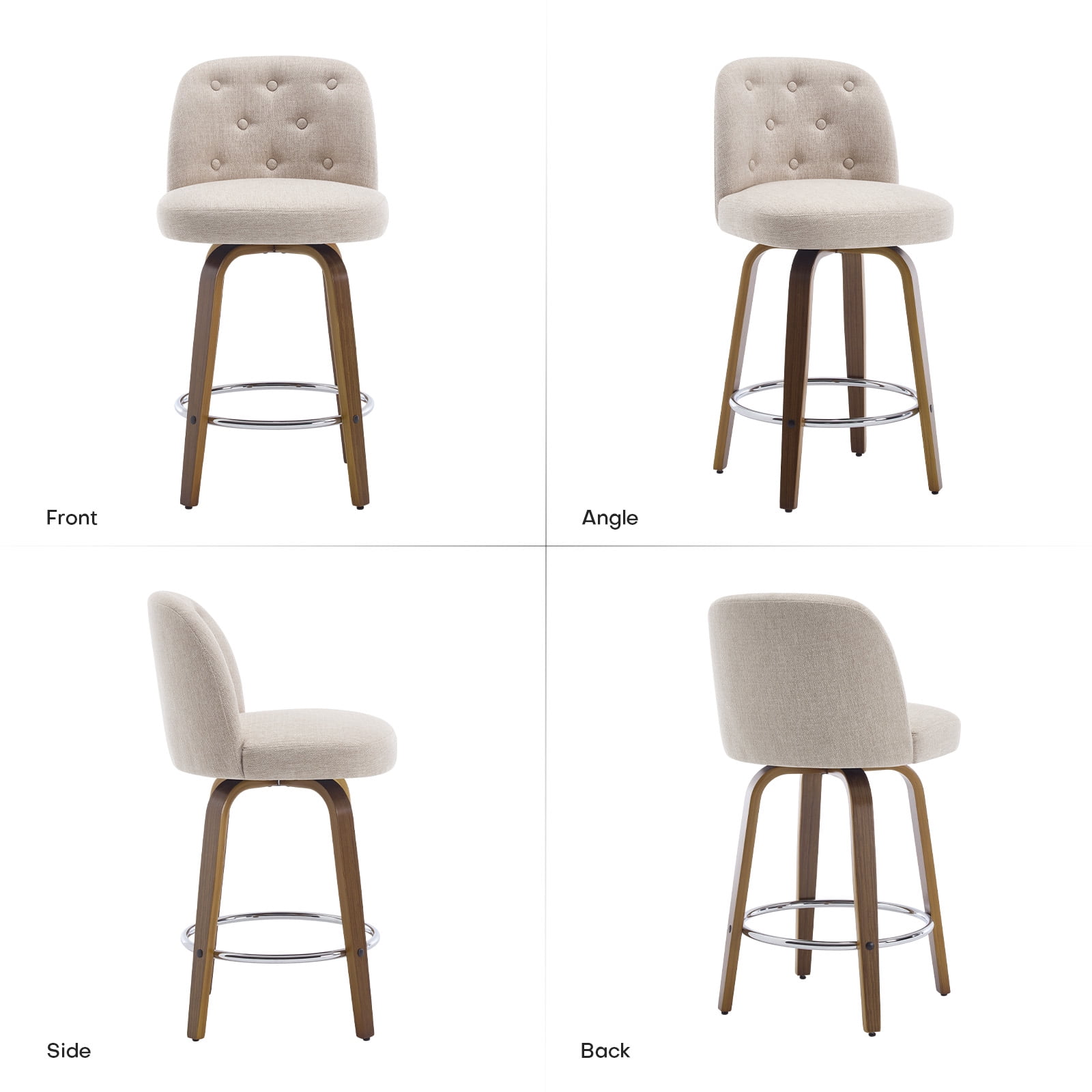 Foreate Swivel Bar Stools Set of 1, 26" Upholstered Linen Fabric with Button-tufted Mid-Back & Wood Legs, Modern Chair Kitchen Pub Island Counter Stool