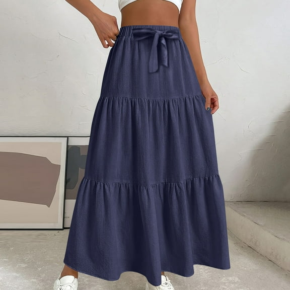 Karight Maxi Skirts for Women Trendy High Waisted Flowy Tiered Linen Skirt Casual Pleated A-Line Beach Long Skirts with Tie