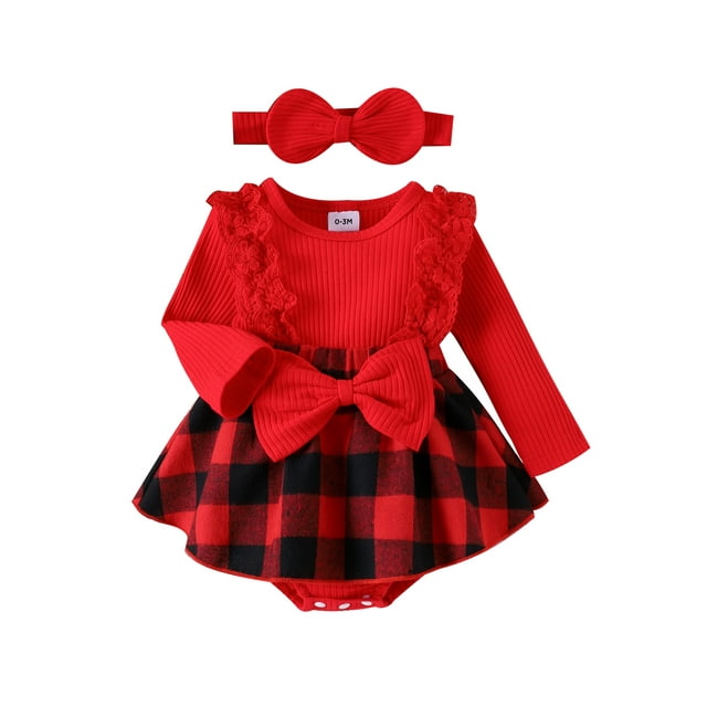 xiaxaixu Bébé Bébé Filles Noël Robe à Carreaux Patchwork Imprimé Manches Longues Col Rond Dentelle Combinaison + Bandeau