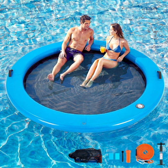 Danrelax 8FT Sunchill Round Inflatable Float Ring for Adults, Heavy Duty Hammock Pool Lounger with Pump, for Lake, Ocean & Pool
