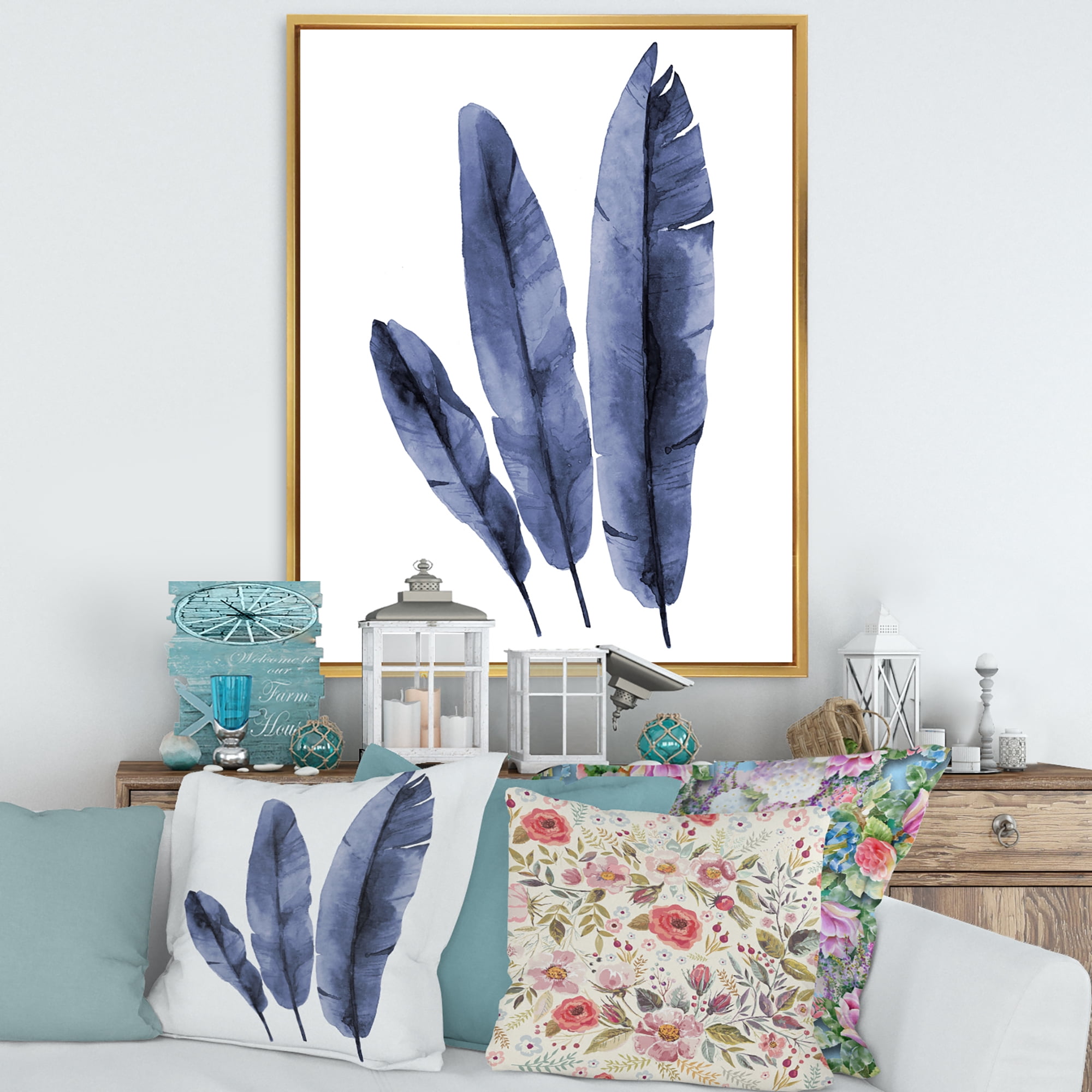 Designart 'Navy Blue Tropical Banana Leaves On White' Tropical Framed Canvas Wall Art Print